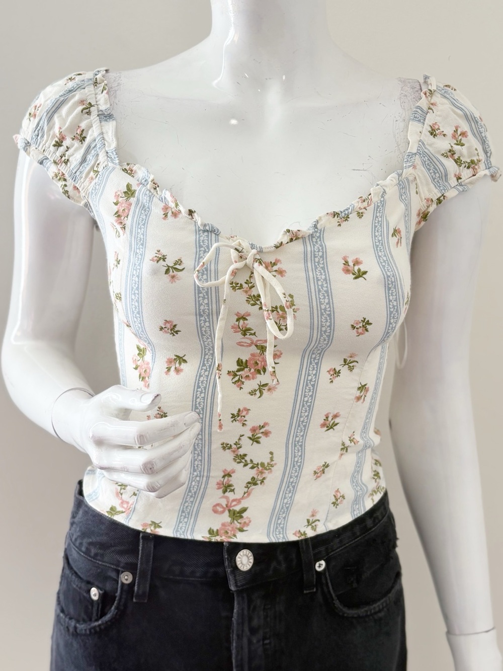 Reformation Ogden Floral & Stripe CrepeSweetheart Tie-Front Cap Sleeve Top